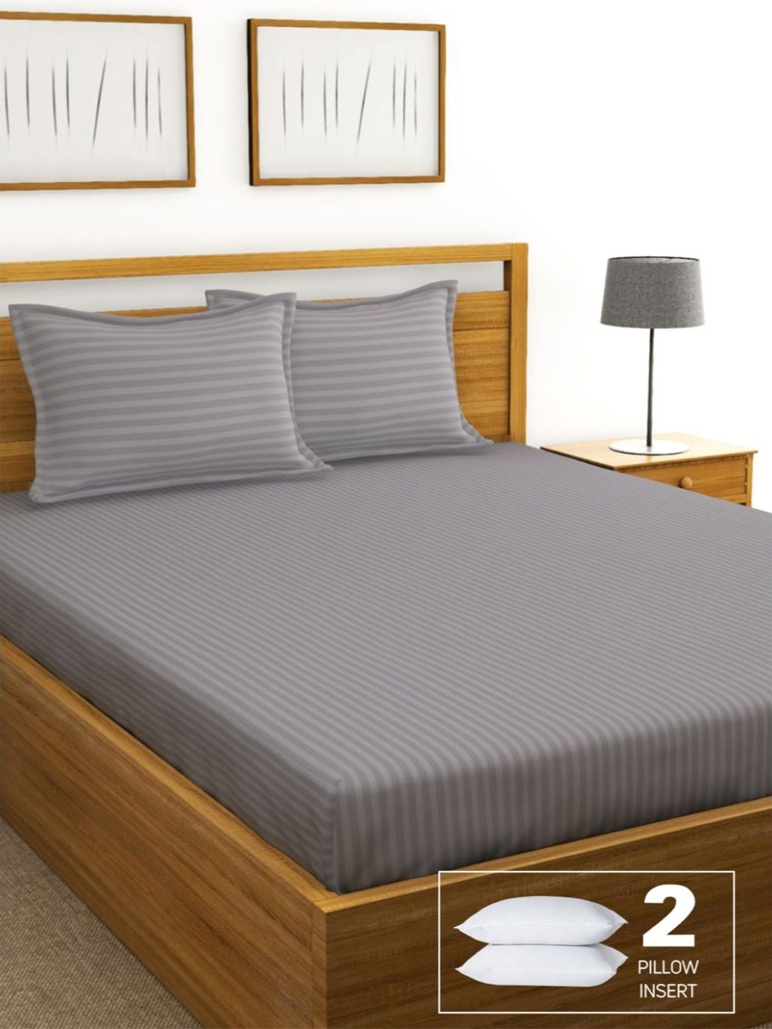 

BIANCA Grey Striped 210 TC King Cotton Bedsheet with 2 Pillow Covers