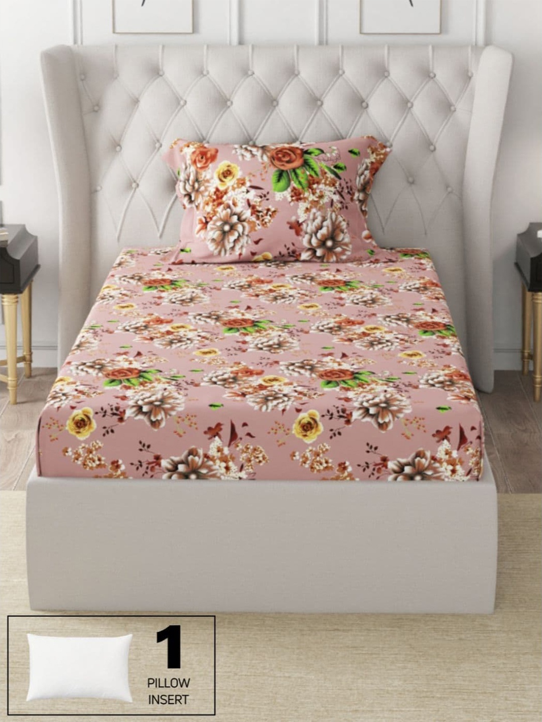 

BIANCA Brown & Green Floral 200 TC Single Cotton Bedsheet with 1 Pillow Cover