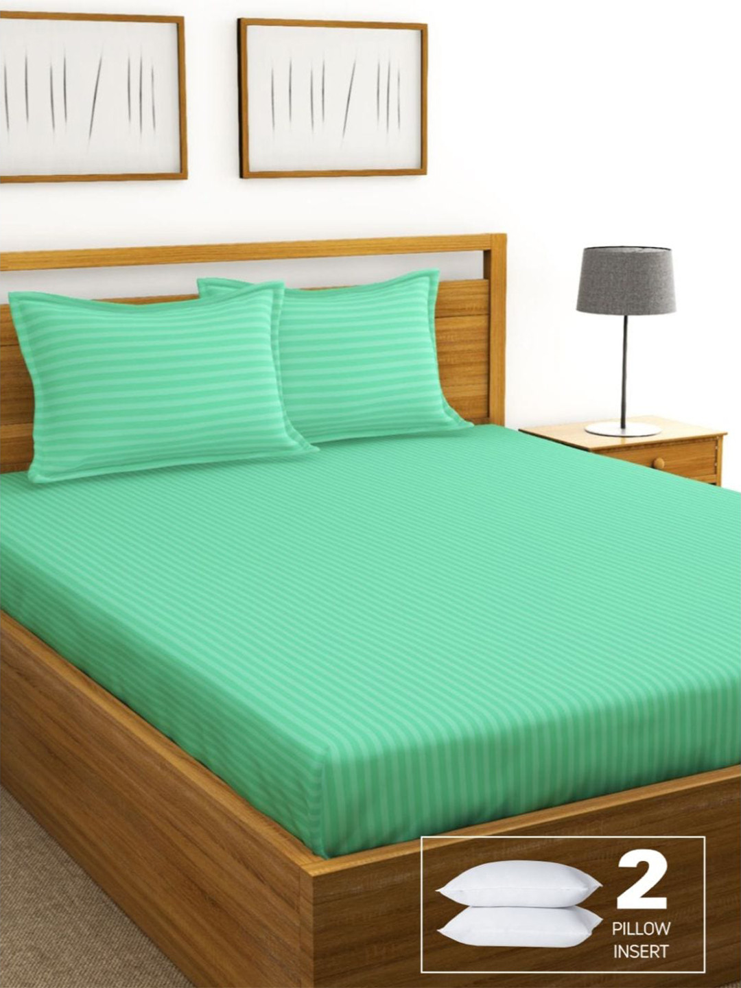 

BIANCA Green Striped 210 TC King Cotton Bedsheet with 2 Pillow Covers