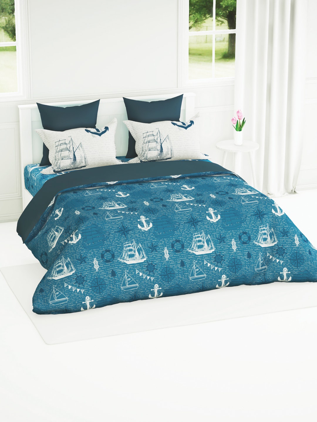 

BIANCA Blue & White Graphic 144 TC Single Bedsheet with 1 Pillow Covers