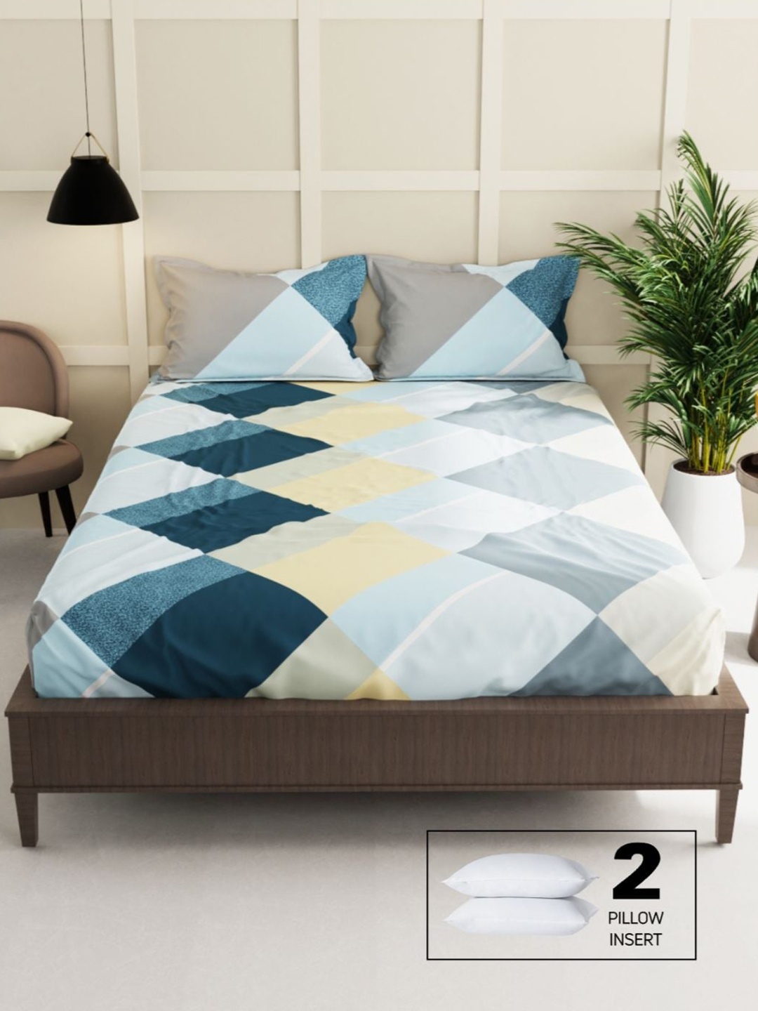 

BIANCA Blue & Black Geometric 152 TC Queen Bedsheet with 2 Pillow Covers