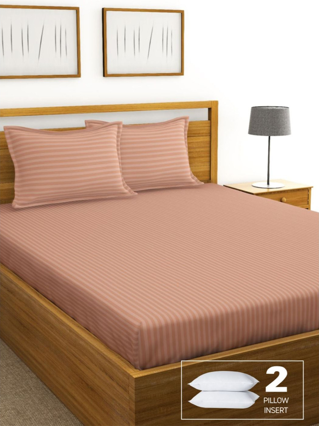 

BIANCA Cream-Coloured Striped 210 TC King Cotton Bedsheet with 2 Pillow Covers