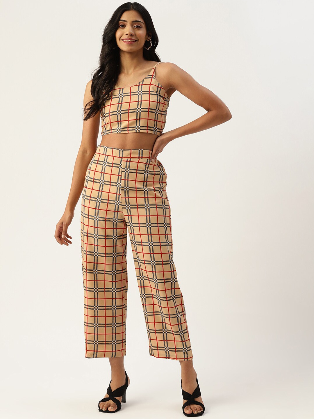 

SIRIKIT Women Checked Top & Trouser Co-Ord Set, Beige