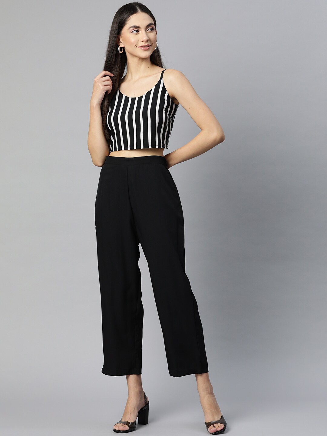 

SIRIKIT Women Striped Top With Trouser Co-Ords, Black