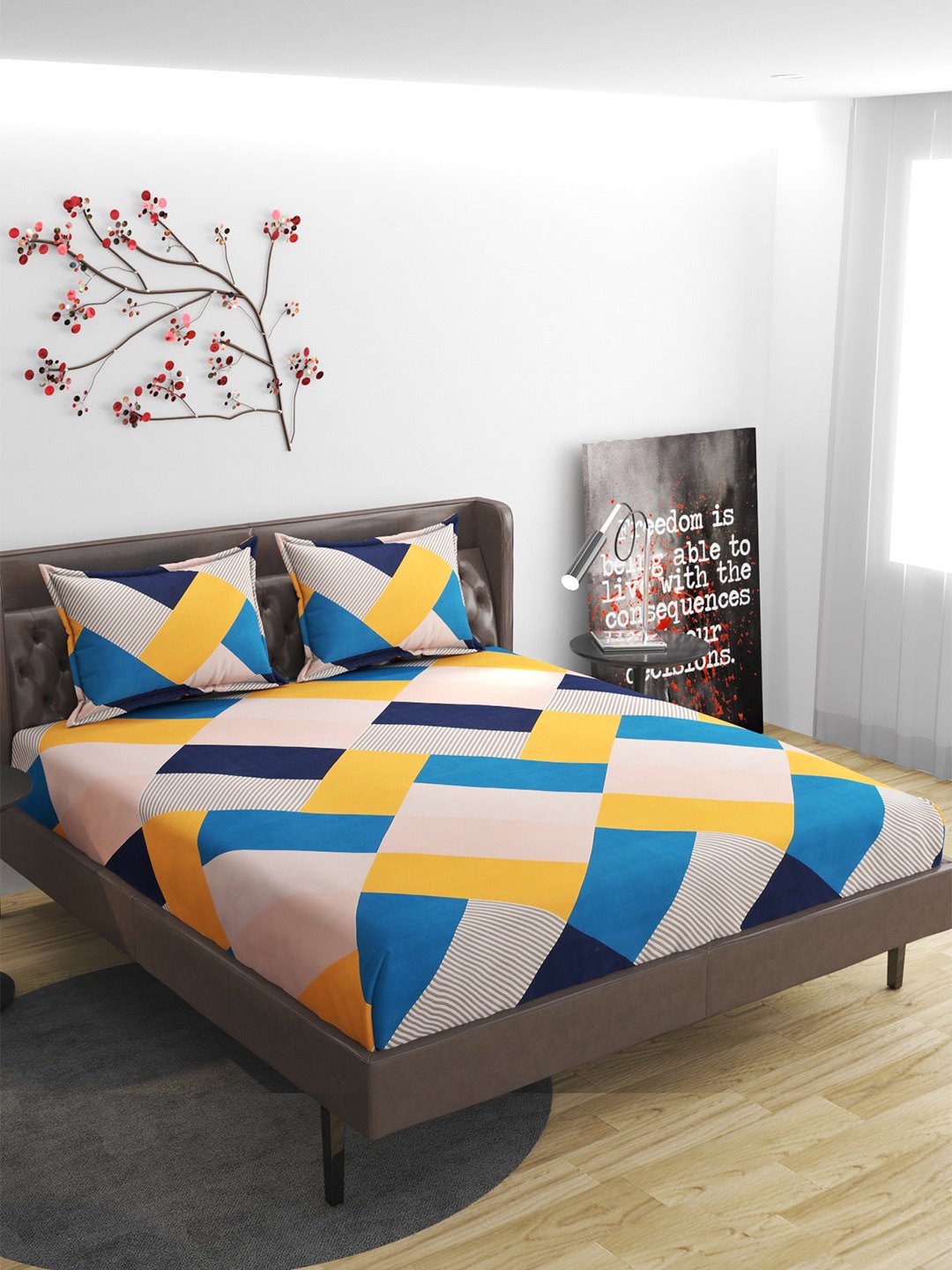 

Molly & Michel Pink & Blue Geometric 210 TC Queen Bedsheet with 2 Pillow Covers