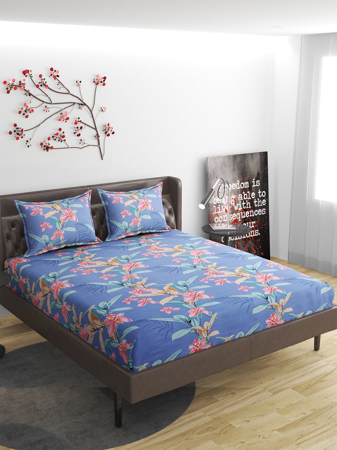 

Molly & Michel Blue & Brown Floral 210 TC Queen Bedsheet with 2 Pillow Covers