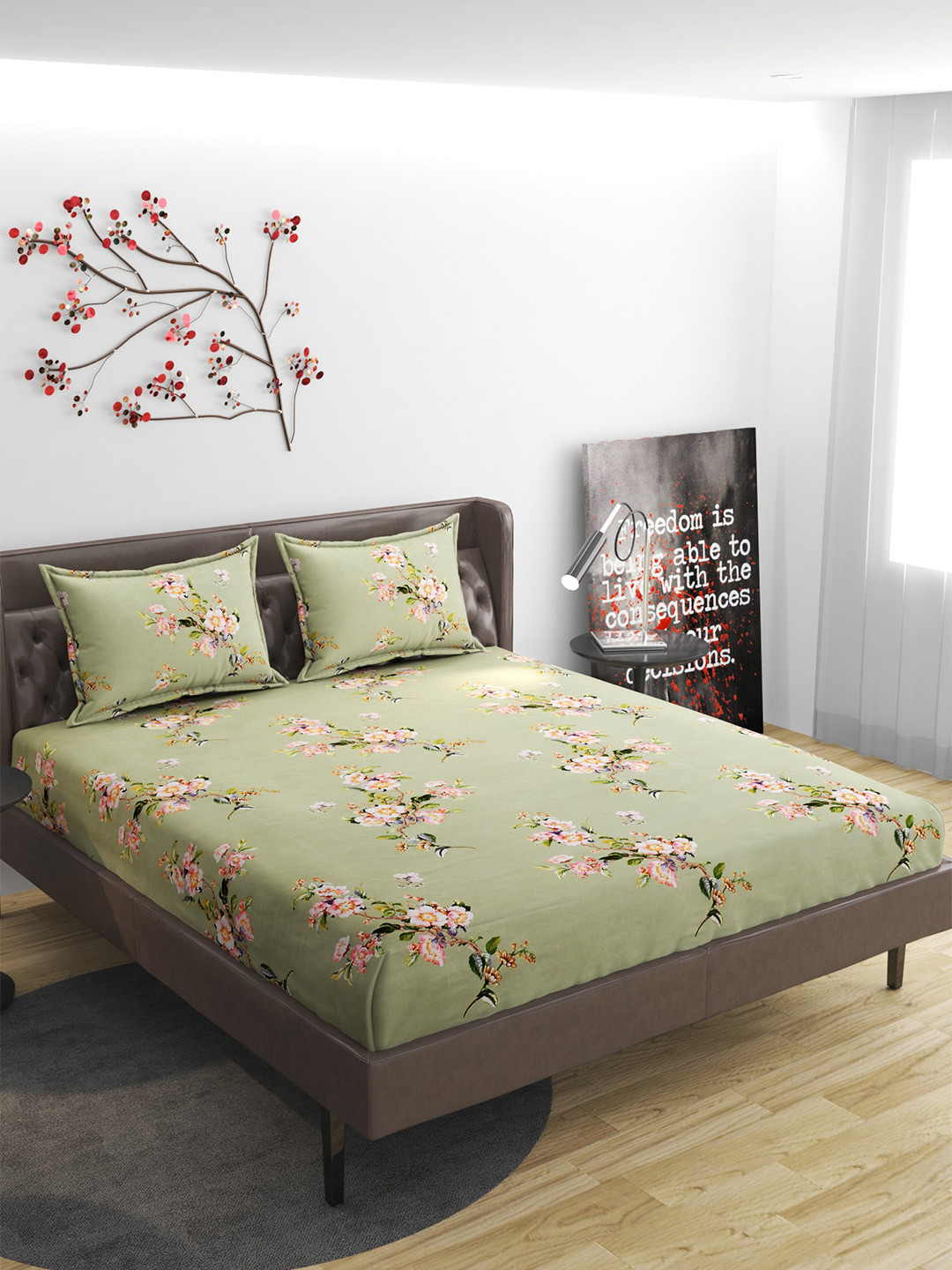 

Molly & Michel Green & Pink Floral 210 TC Queen Bedsheet with 2 Pillow Covers