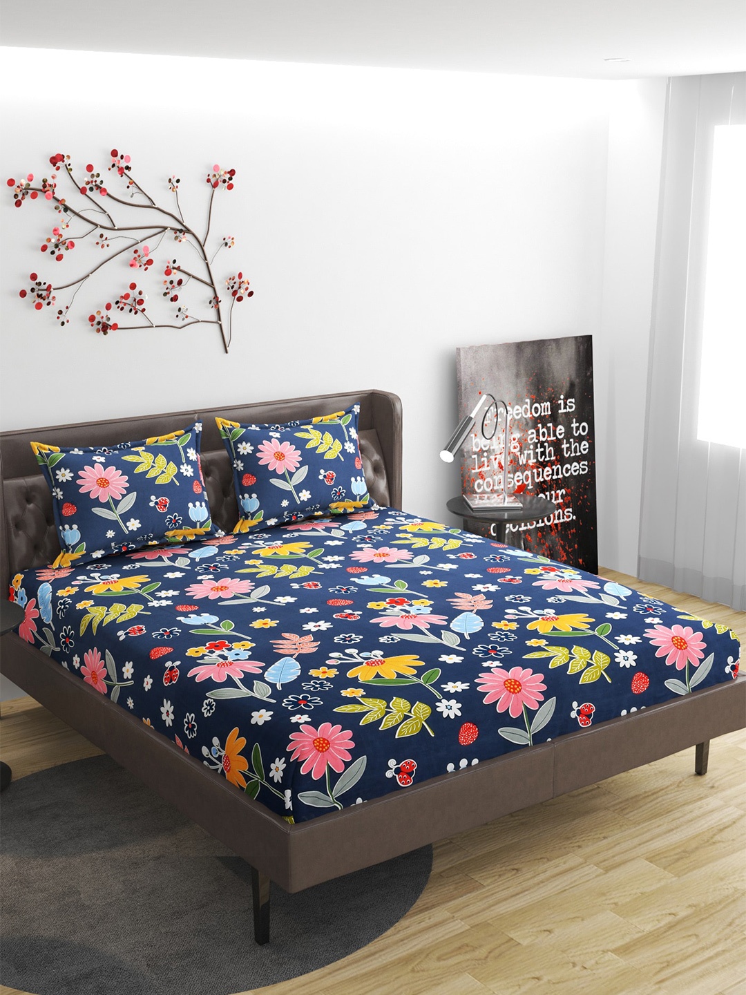 

Molly & Michel Floral 210 TC Queen Bedsheet with 2 Pillow Covers, Navy blue
