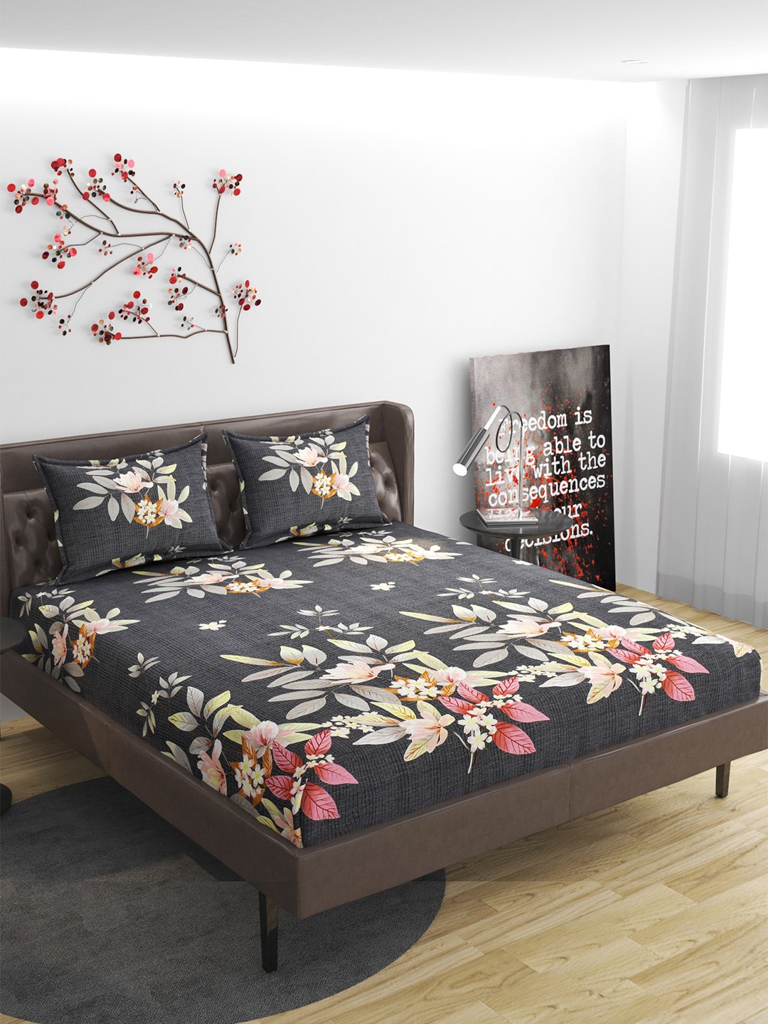 

Molly & Michel Black & Green Floral 210 TC Queen Bedsheet with 2 Pillow Covers