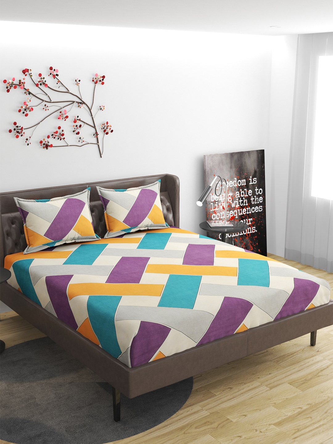 

Molly & Michel Purple & Orange Geometric 210 TC Queen Bedsheet with 2 Pillow Covers