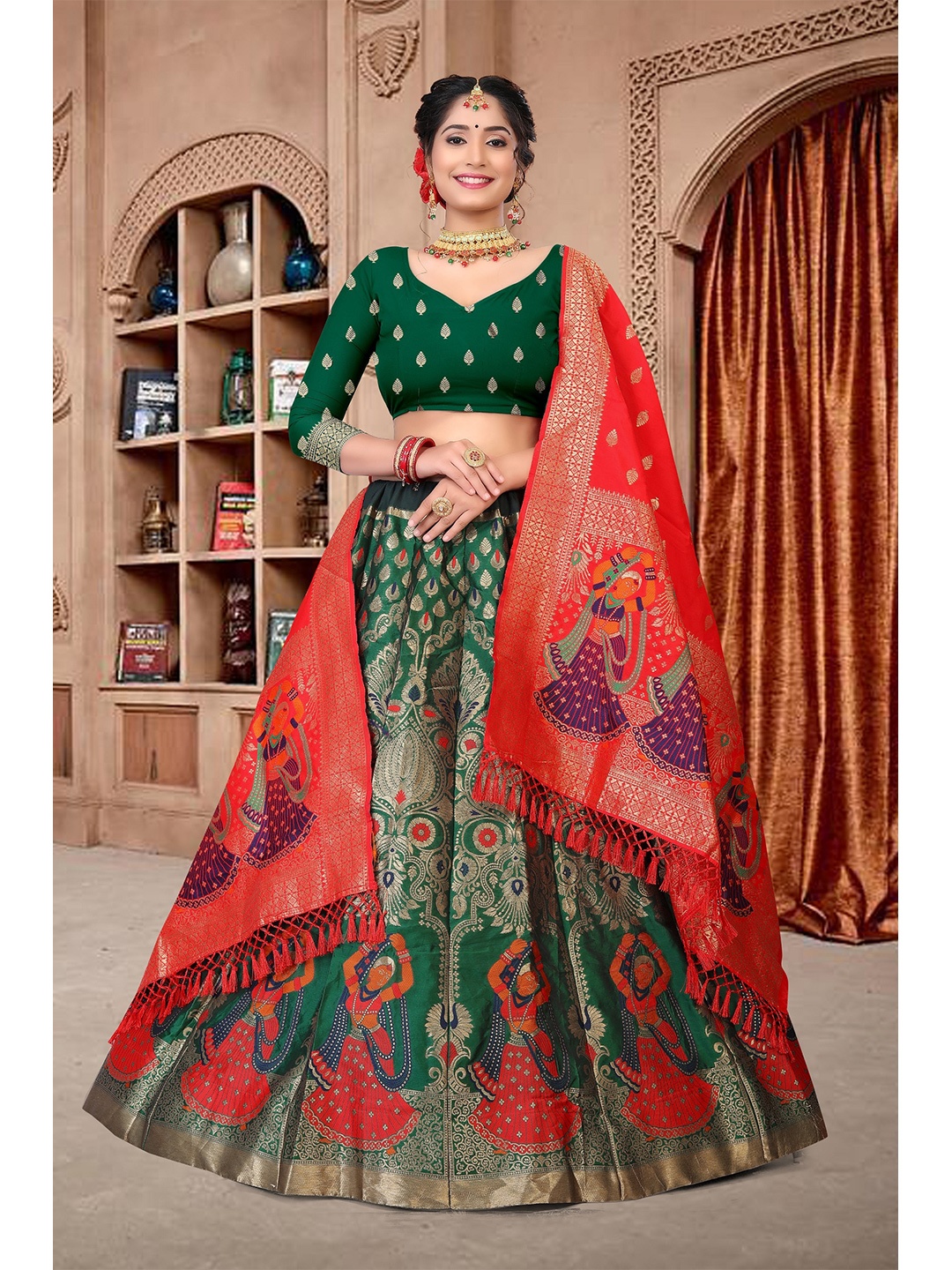 

Warthy Ent Semi-Stitched Lehenga & Unstitched Blouse With Dupatta, Green