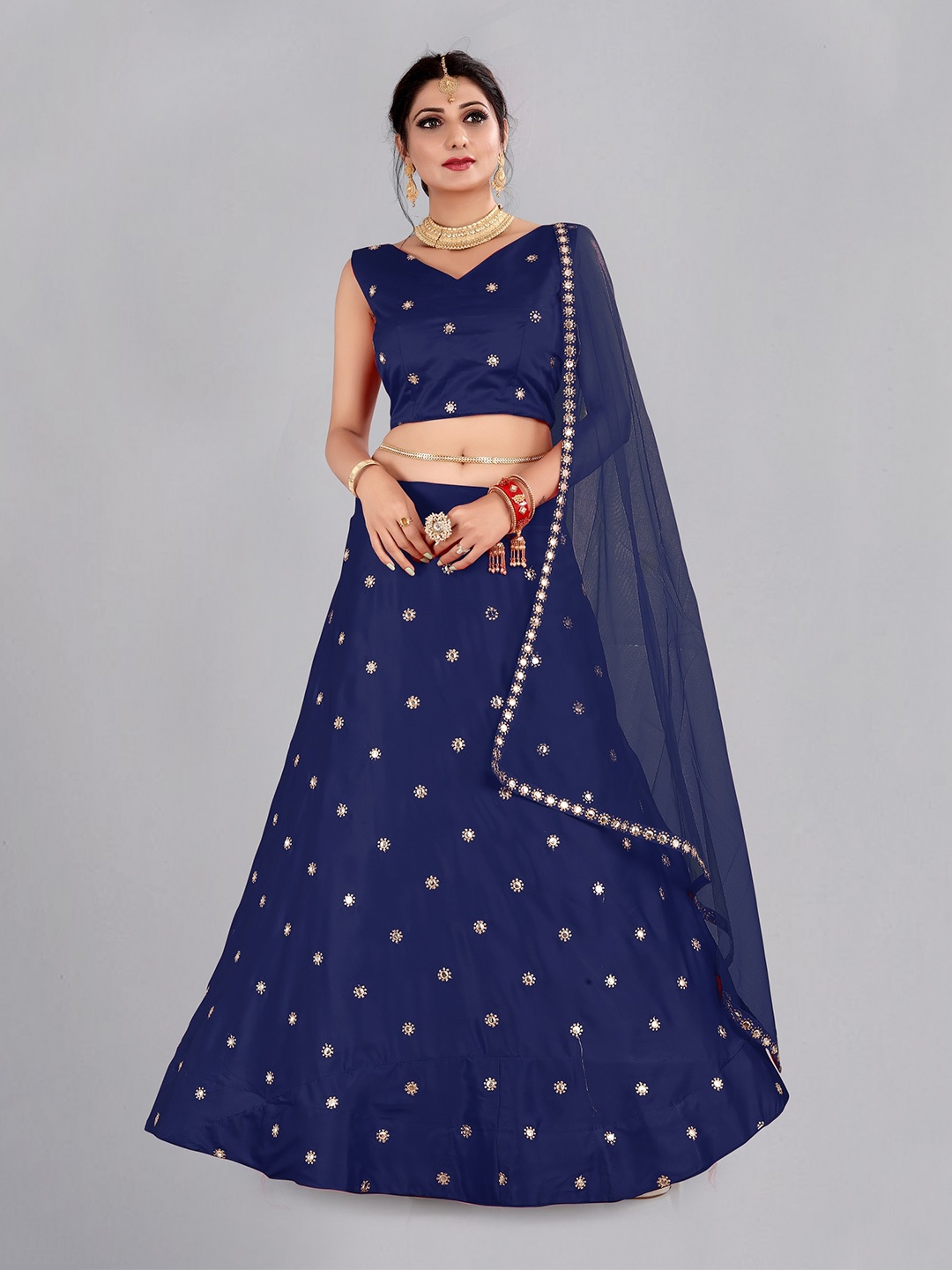 

Warthy Ent Embroidered Mirror Work Semi-Stitched Lehenga & Unstitched Blouse With Dupatta, Blue