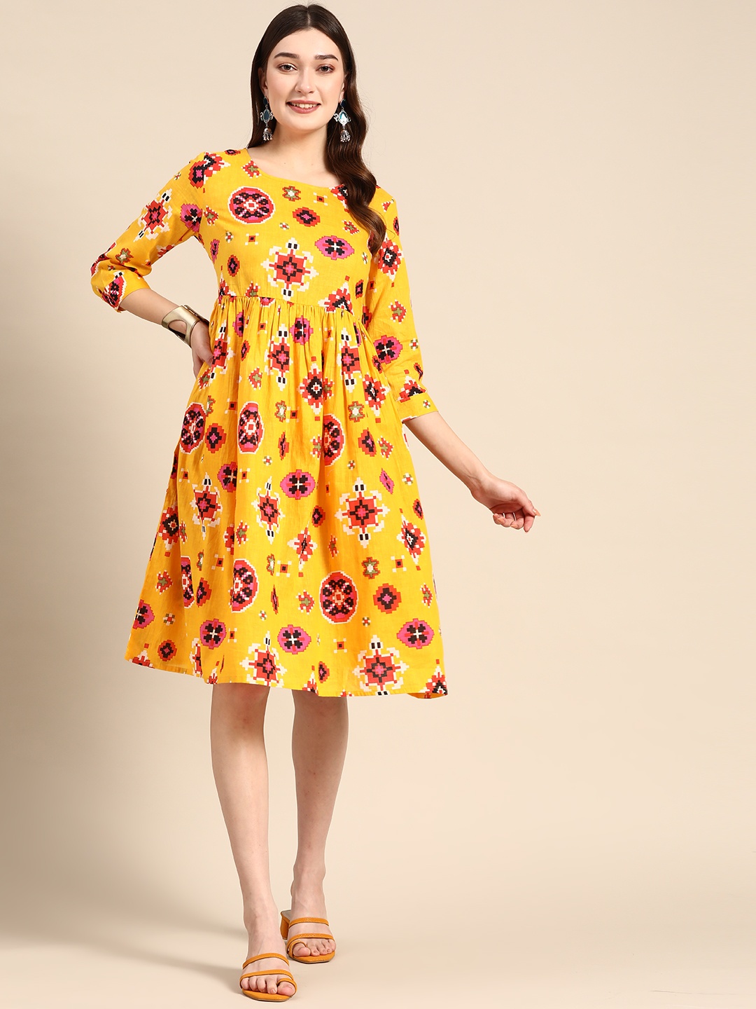 

Sangria Ethnic Motifs Printed Dress, Yellow