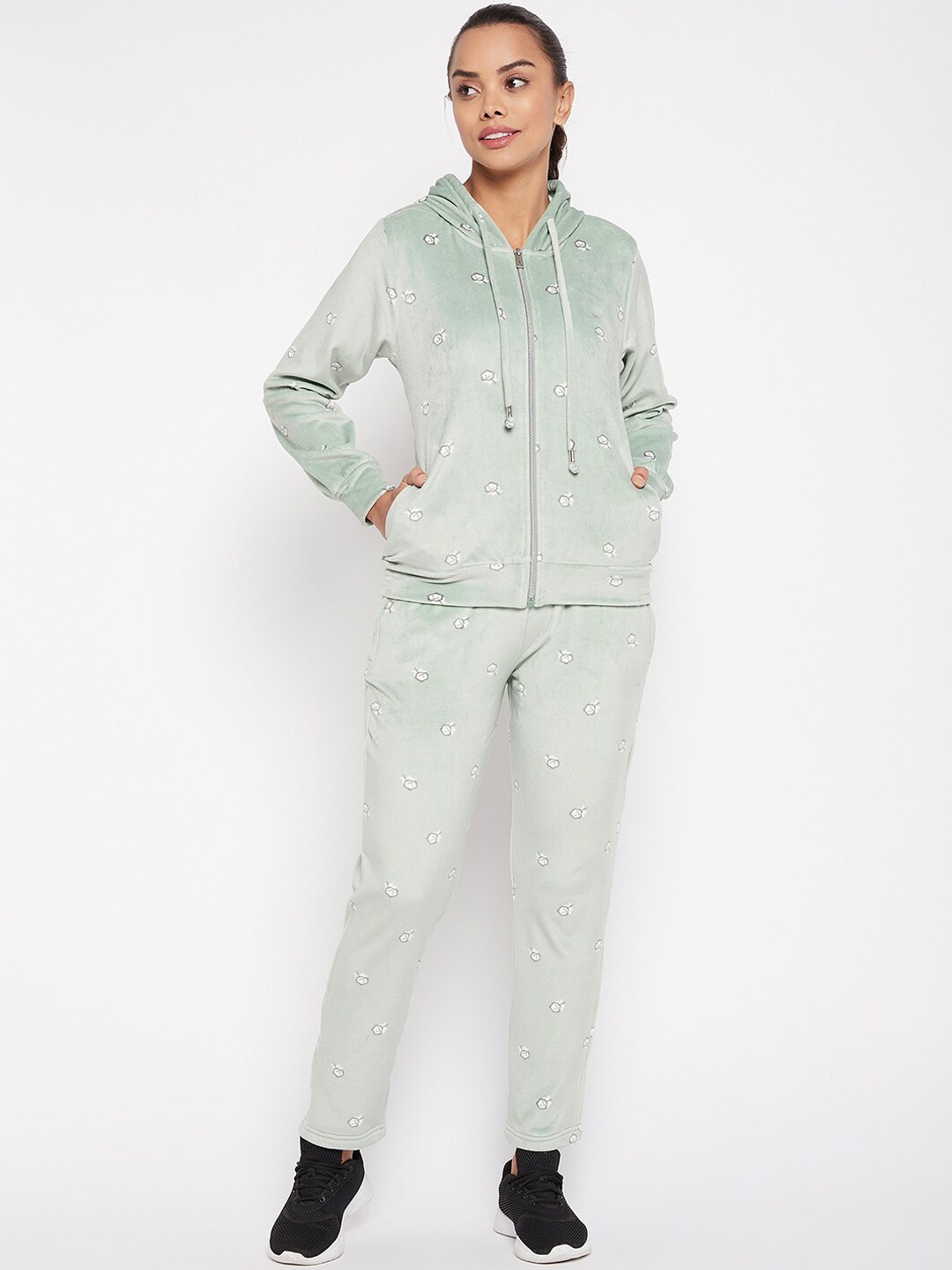 

Okane Women Printed Hooded Tracksuit, Sea green
