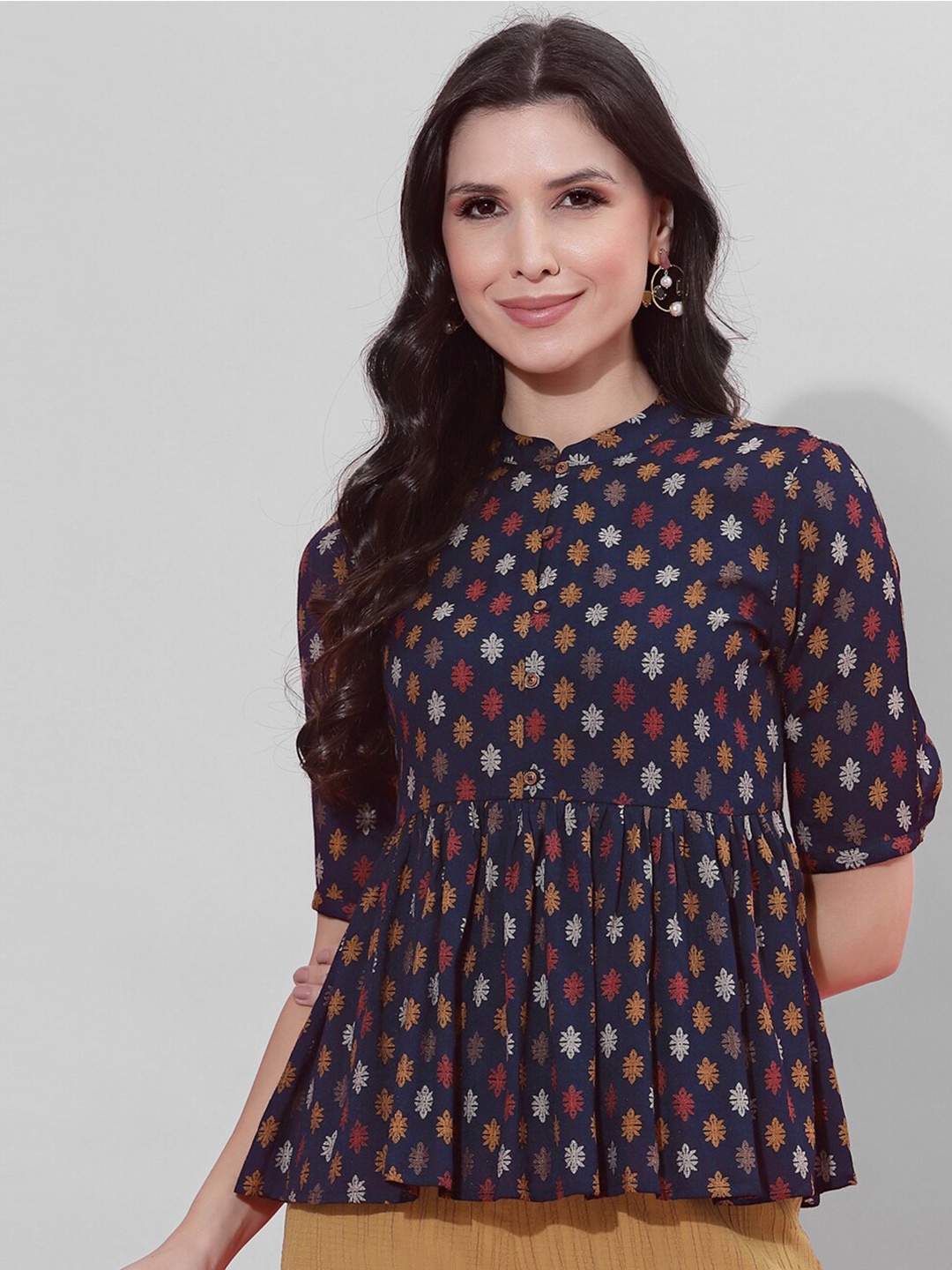 

Selvia Ethnic Motifs Printed Mandarin Collar Empire Top, Navy blue