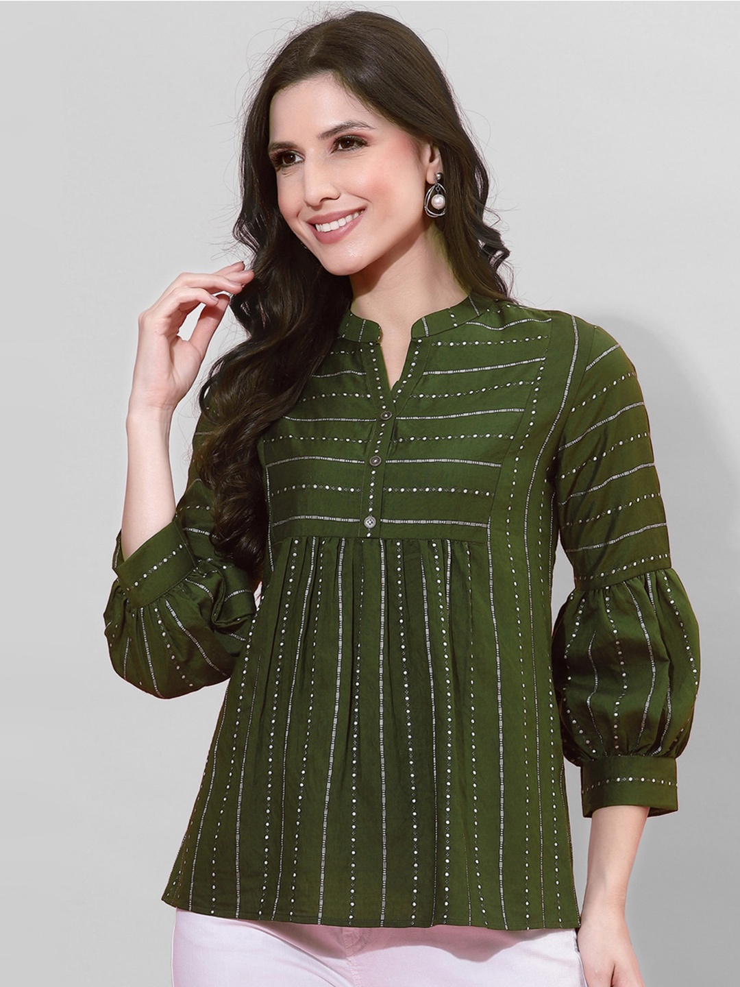 

Selvia Striped Mandarin Collar Shirt Style Top, Green