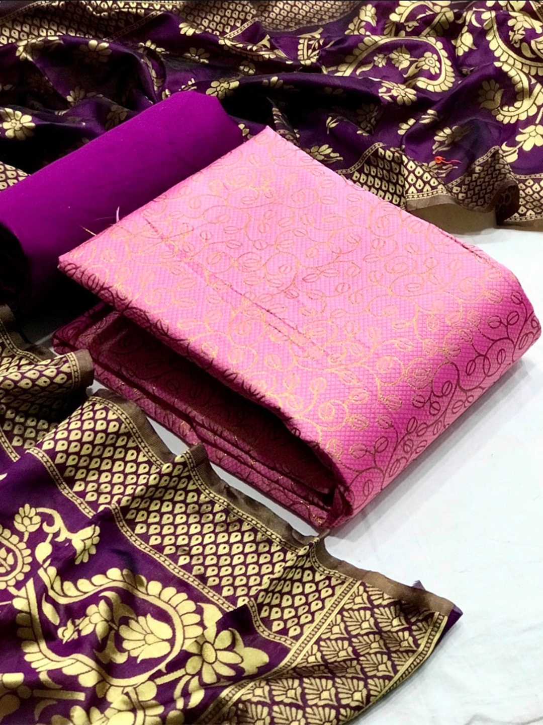 

MORLY Dupion Silk Banarasi Jacquard Unstitched Dress Material, Pink
