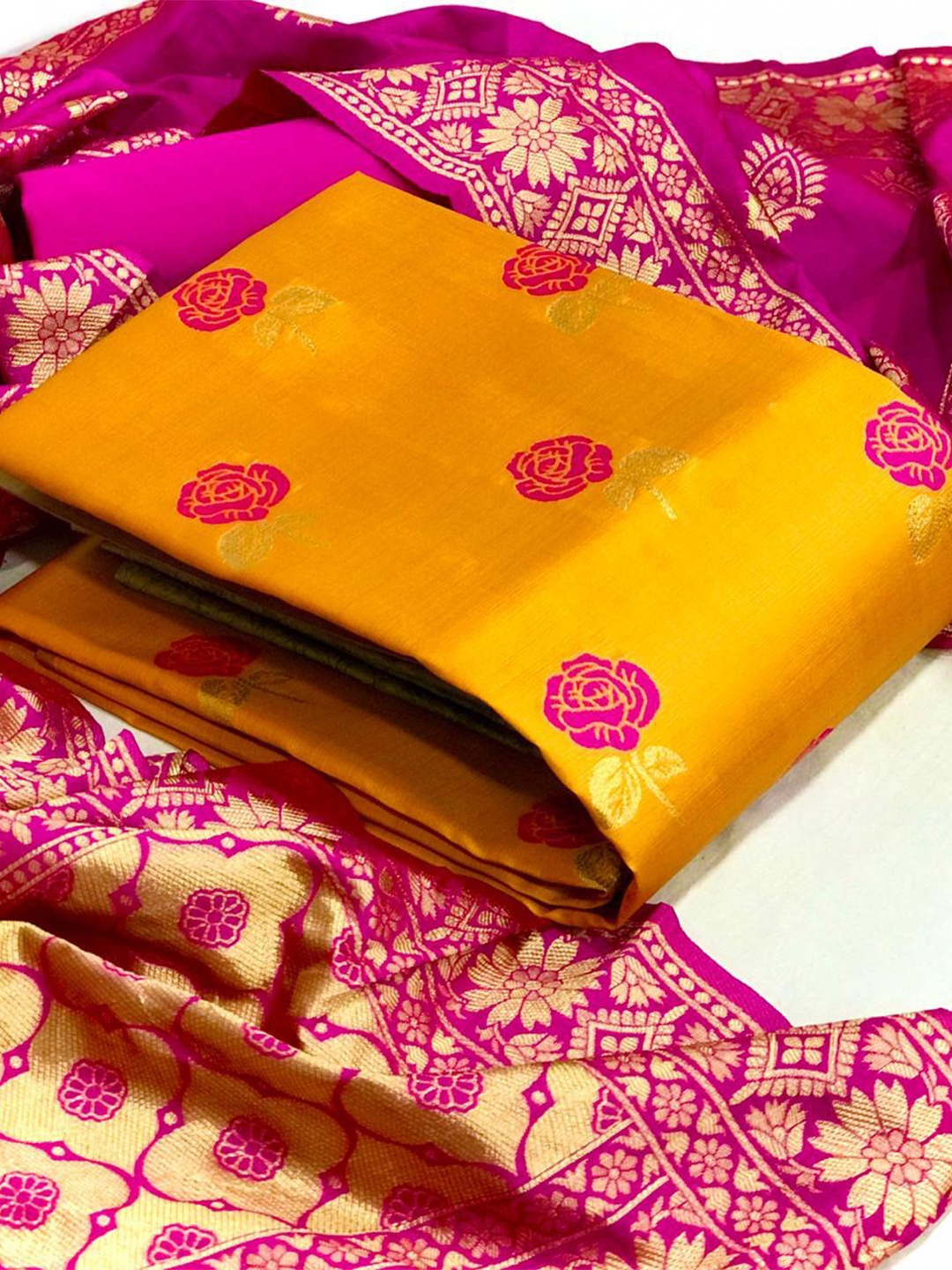 

MORLY Dupion Silk Banarasi Jacquard Unstitched Dress Material, Yellow