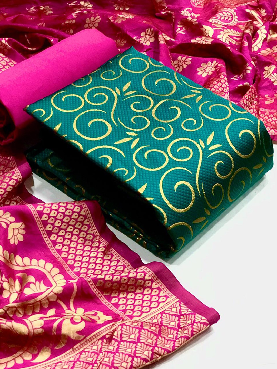 

MORLY Dupion Silk Banarasi Jacquard Unstitched Dress Material, Green