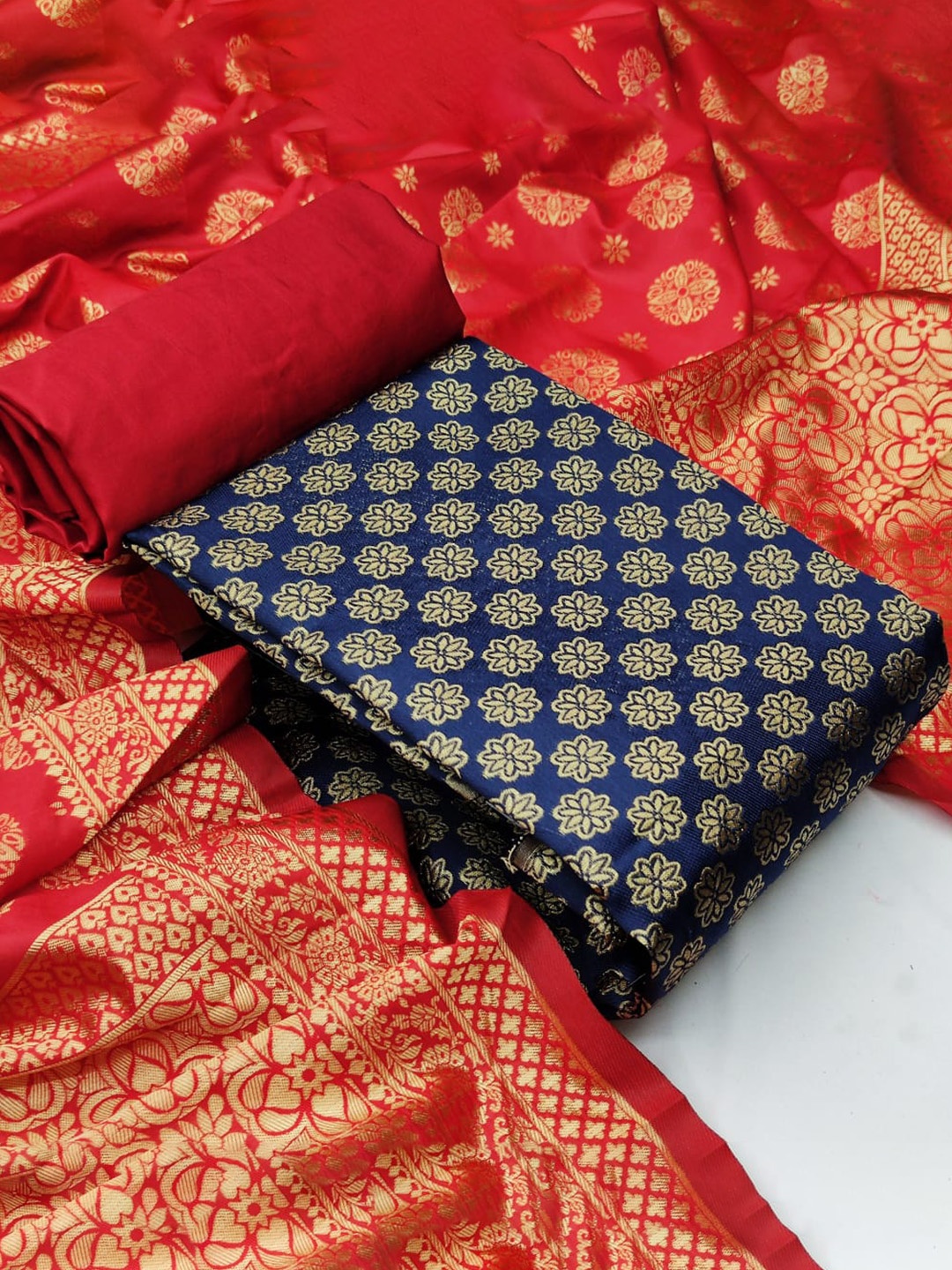 

MORLY Dupion Silk Banarasi Jacquard Unstitched Dress Material, Navy blue