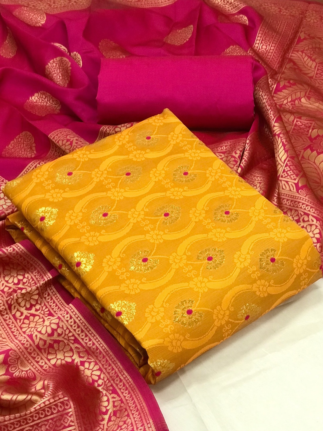 

MORLY Dupion Silk Banarasi Jacquard Unstitched Dress Material, Yellow