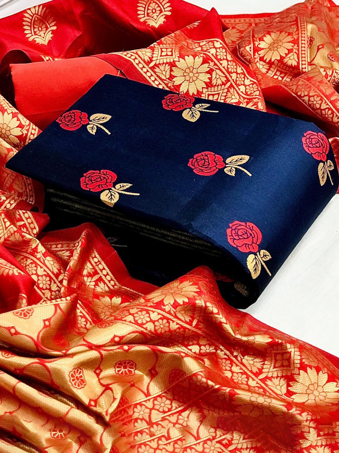 

MORLY Dupion Silk Banarasi Jacquard Unstitched Dress Material, Navy blue