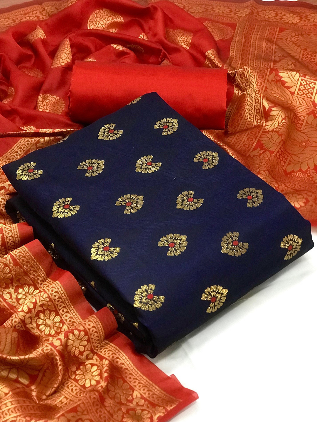 

MORLY Dupion Silk Banarasi Jacquard Unstitched Dress Material, Navy blue