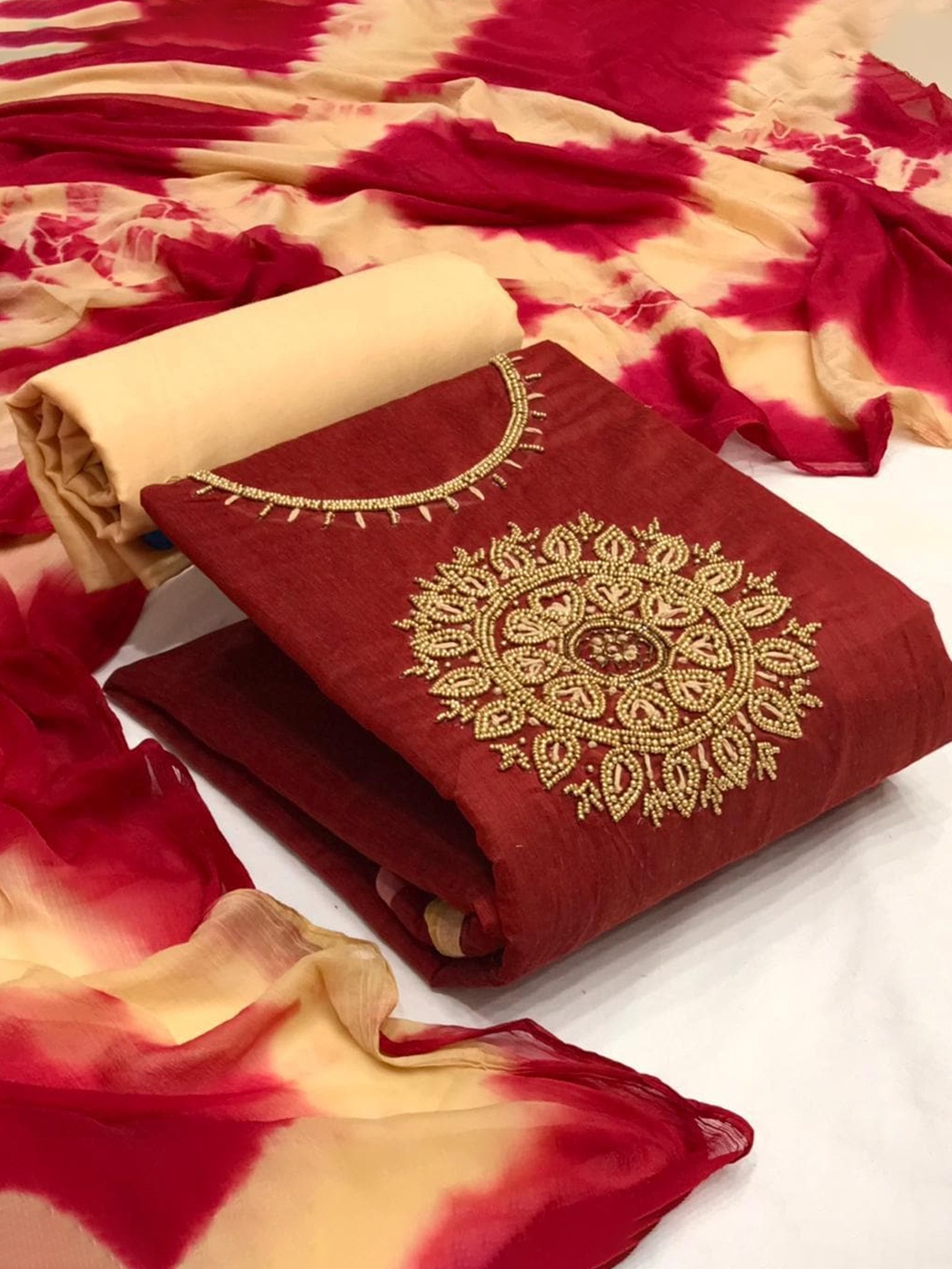 

MORLY Banarasi Jacquard Unstitched Dress Material, Maroon