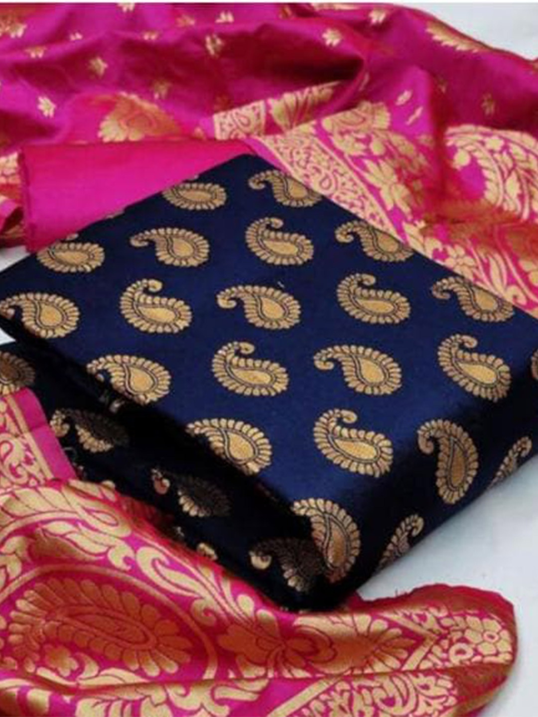 

MORLY Banarasi Jacquard Unstitched Dress Material, Navy blue