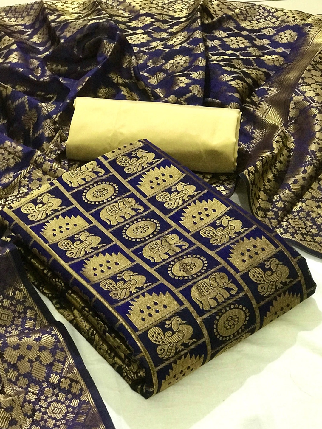 

MORLY Banarasi Jacquard Unstitched Dress Material, Navy blue