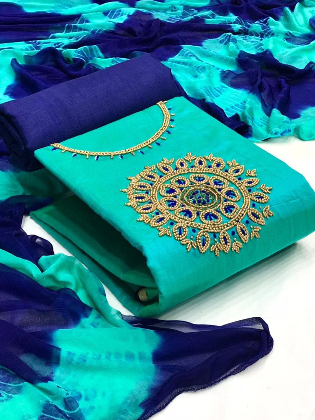 

MORLY Embellished Unstitched Cotton Dress Material, Blue