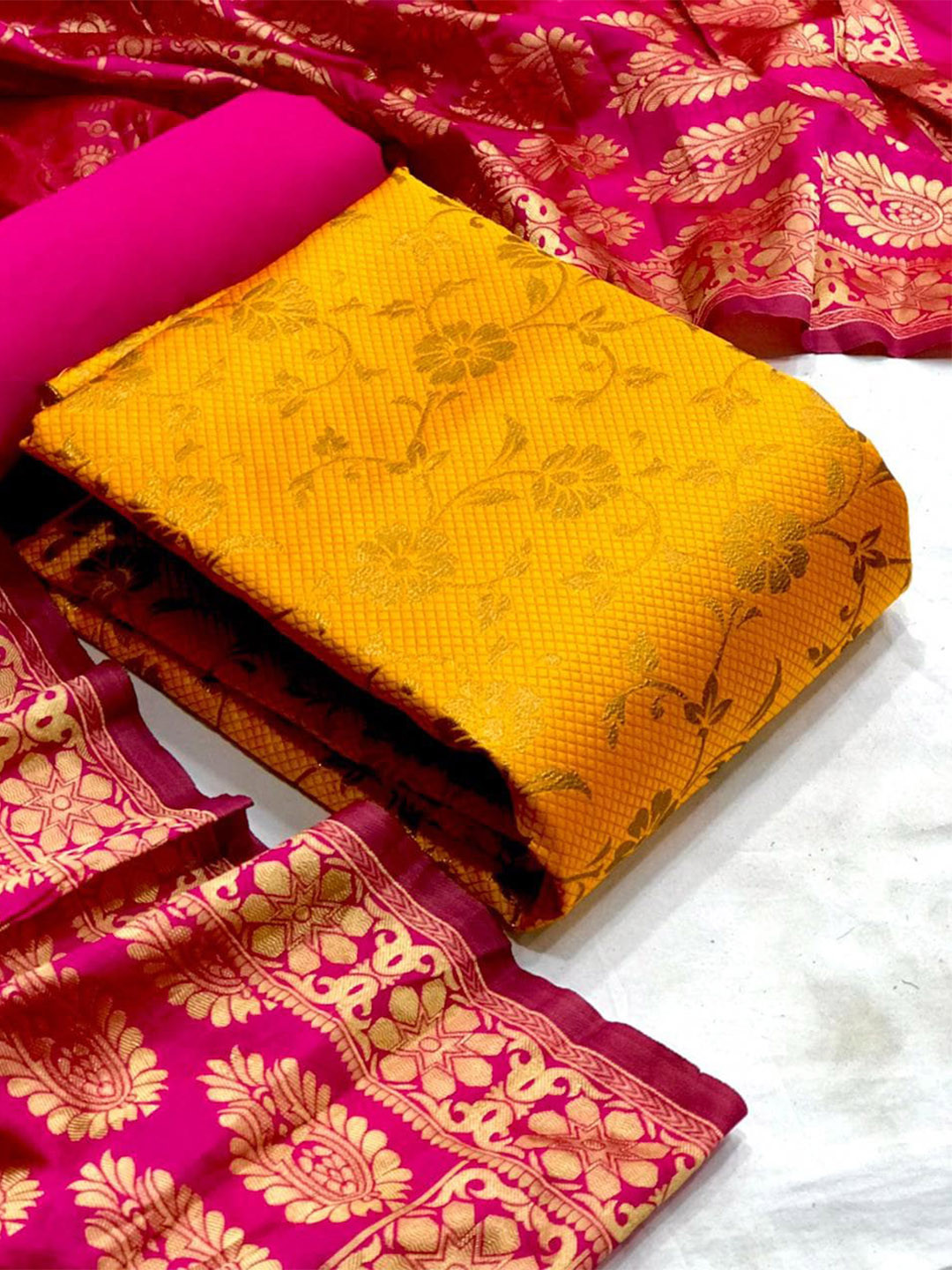 

MORLY Banarasi Jacquard Unstitched Dress Material, Yellow