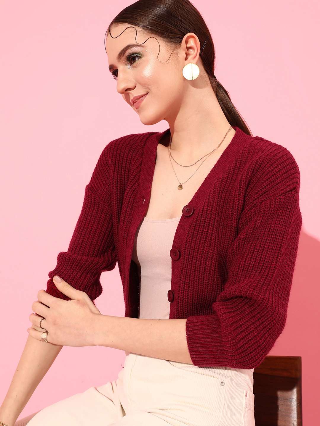 

STREET 9 Women Cable Knit Acrylic Crop Cardigan, Burgundy