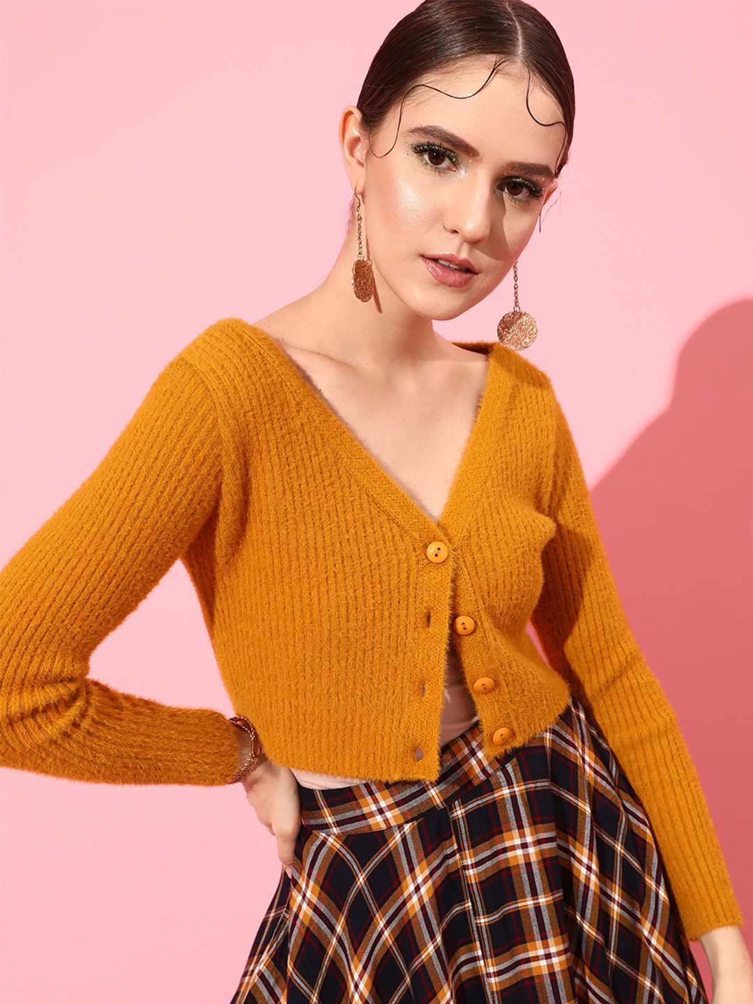 

STREET 9 Women Acrylic Crop Cardigan, Mustard