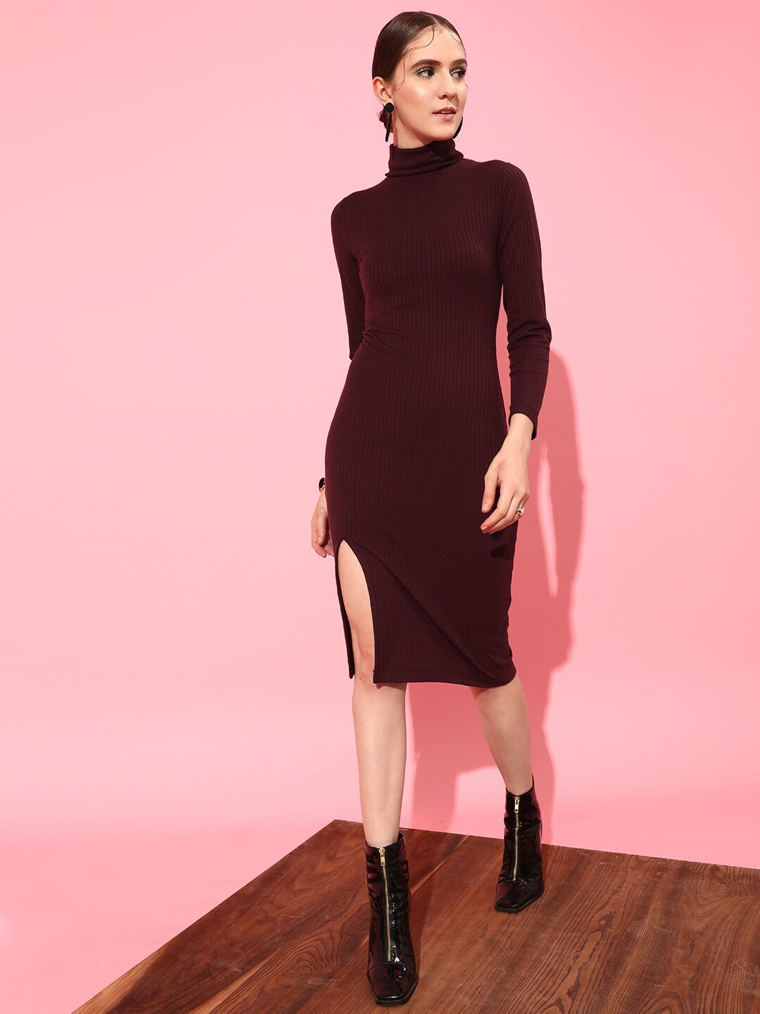 

STREET 9 Front Slit Knee Length High Neck Acrylic Jumper Dress, Burgundy