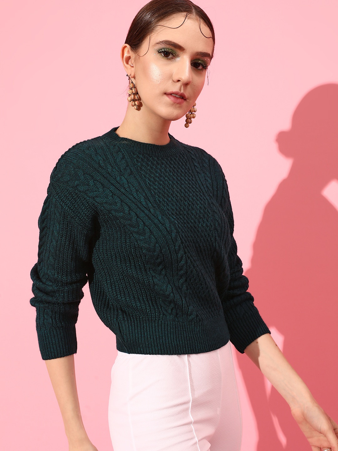 

STREET 9 Women Green Cable Knit Crop Pullover