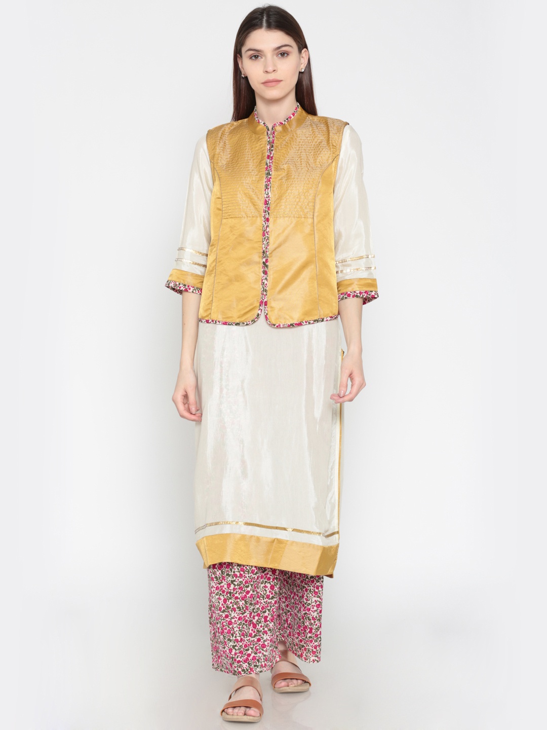 

AURELIA Women Off-White & Pink Solid Kurta with Palazzos & Ethnic Waistcoat