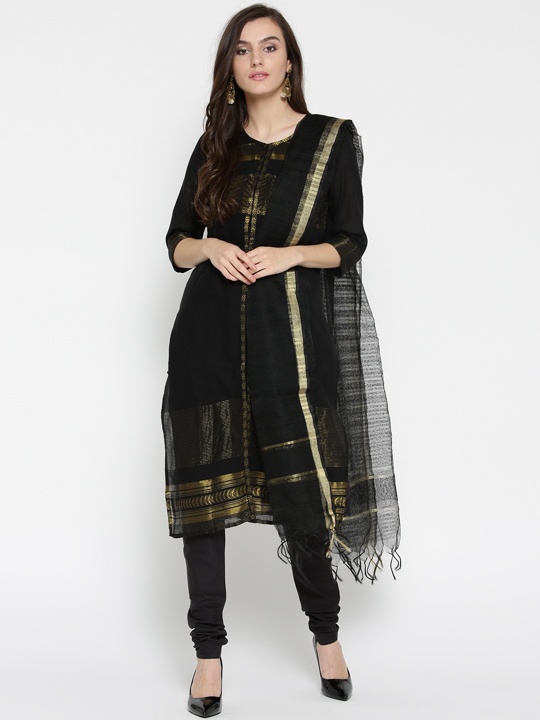 

AURELIA Women Black Self-Design Kurta with Churidar & Dupatta