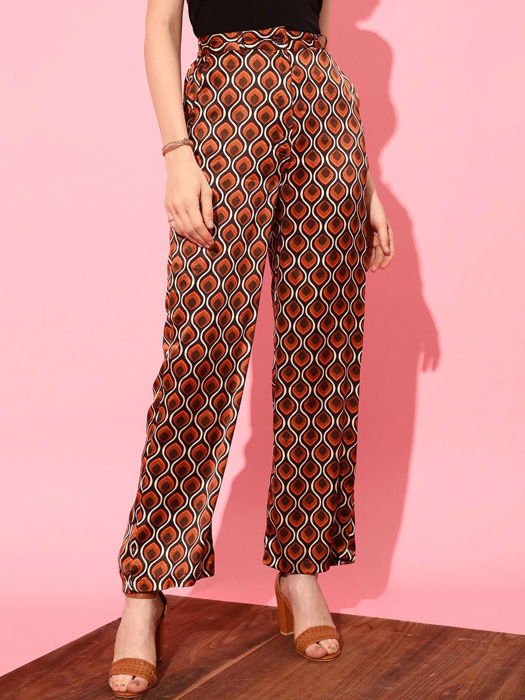 

STREET 9 Women Printed Flared Trousers, Brown