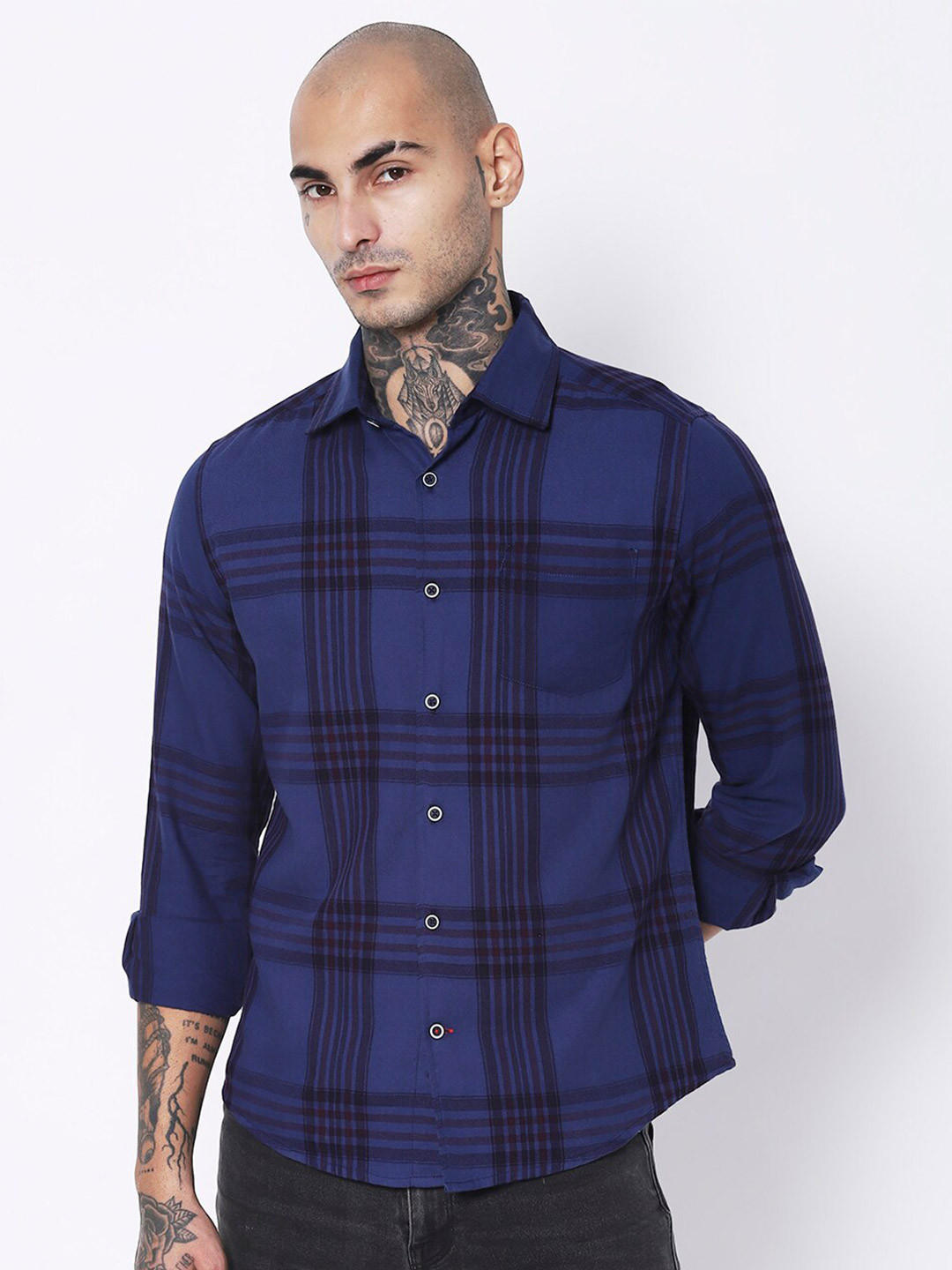 

VASTRADO Men Checked Cotton Casual Shirt, Navy blue