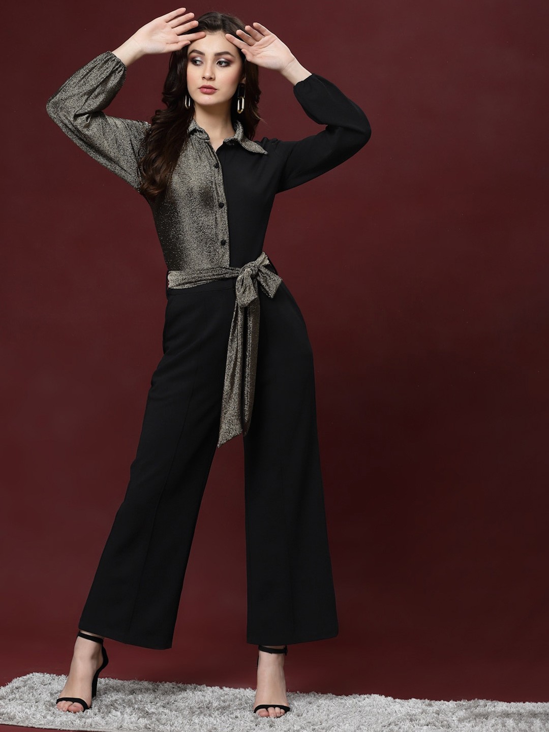 

KASSUALLY Sparkle Foil Knitted Full Sleeves Colourblocked Basic Jumpsuit, Copper