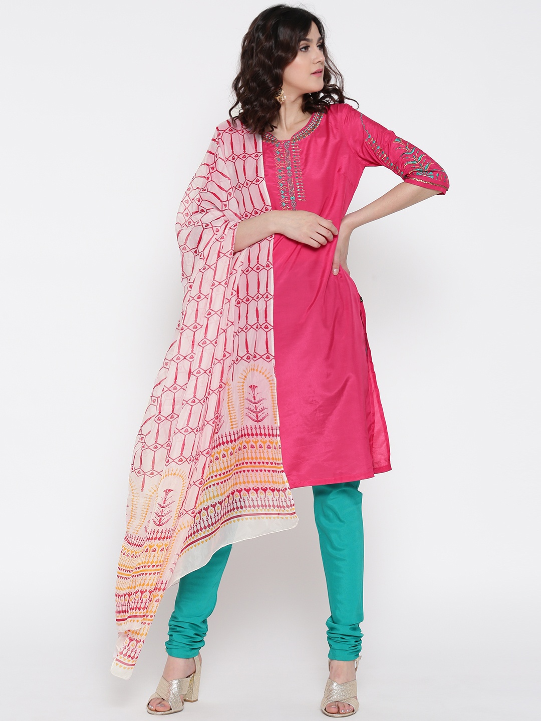 

AURELIA Women Pink & Sea Green Embroidered Detail Kurta with Churidar & Dupatta