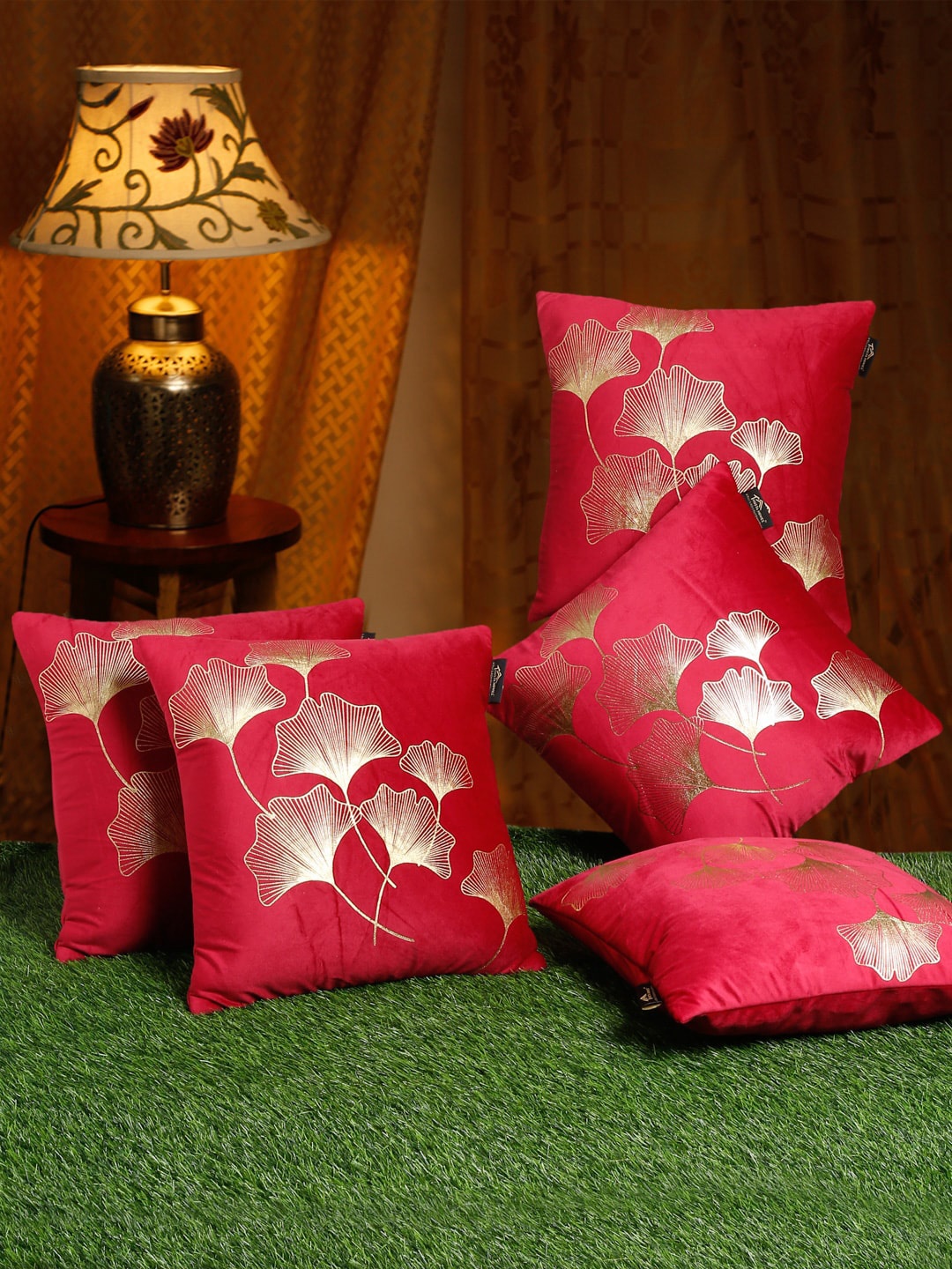 

HOSTA HOMES Maroon & Gold Set of 5 Ethnic Motifs Velvet Square Cushion Covers
