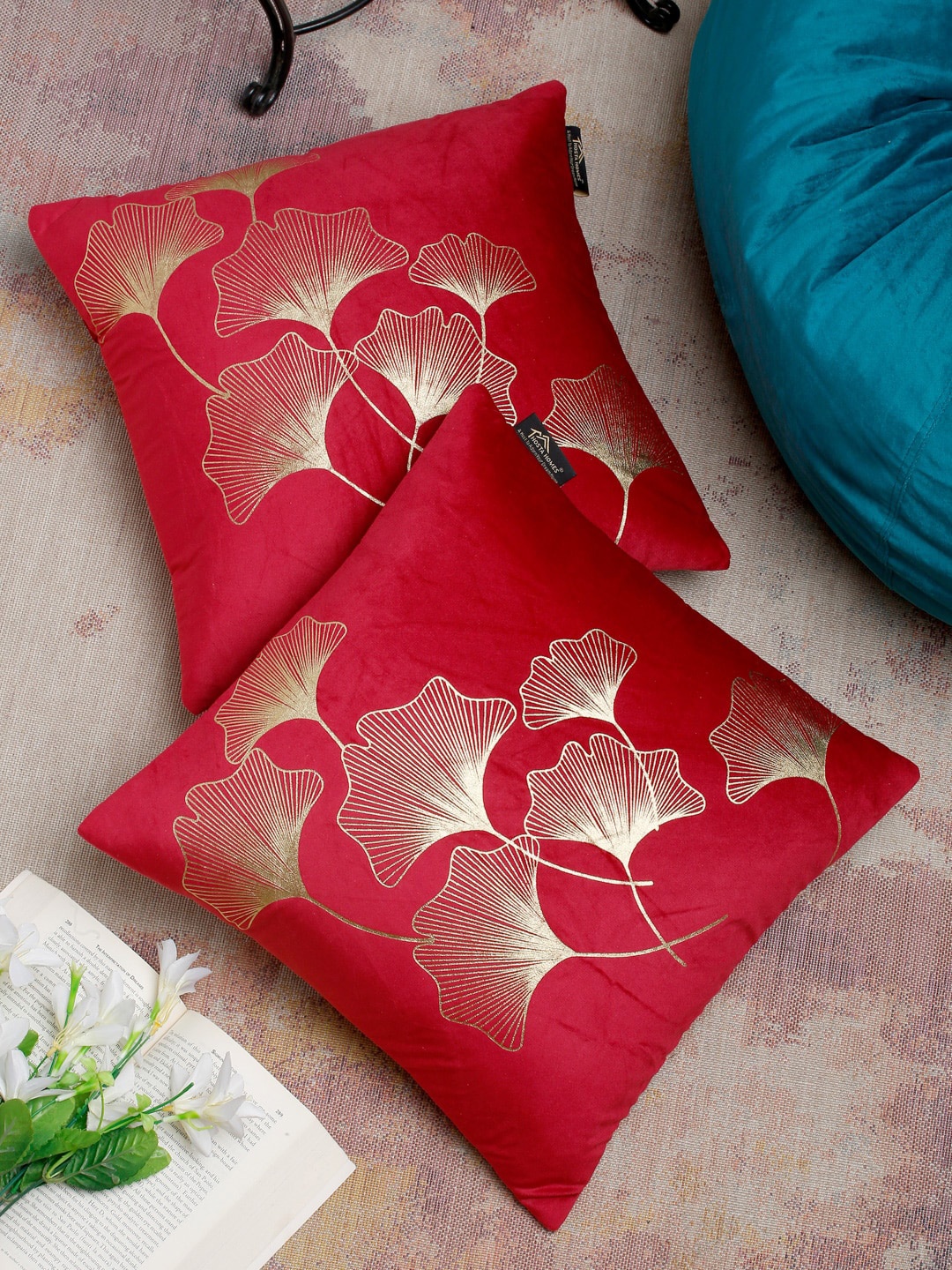 

HOSTA HOMES Red & Gold Set of 2 Ethnic Motifs Velvet Square Cushion Covers