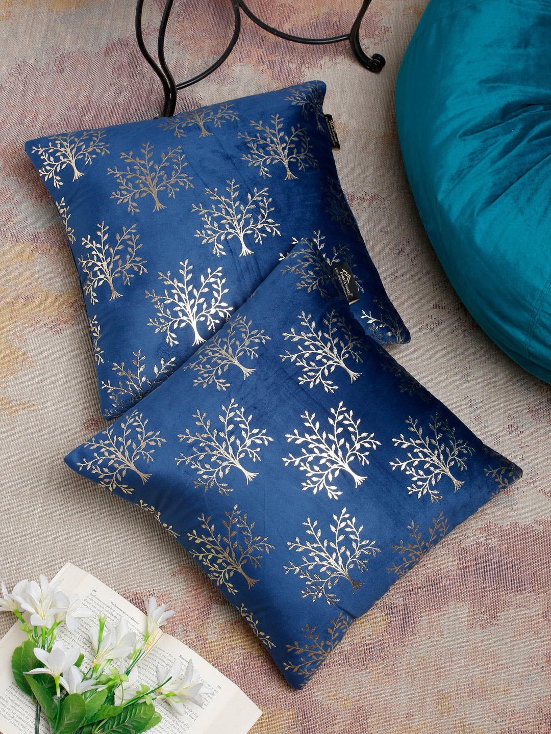 

HOSTA HOMES Blue & Gold Set of 2 Ethnic Motifs Velvet Square Cushion Covers