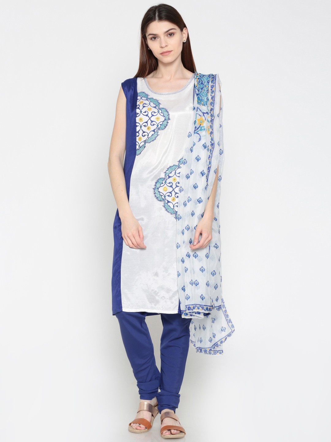 

AURELIA Women White & Blue Embroidered Kurta with Churidar & Dupatta