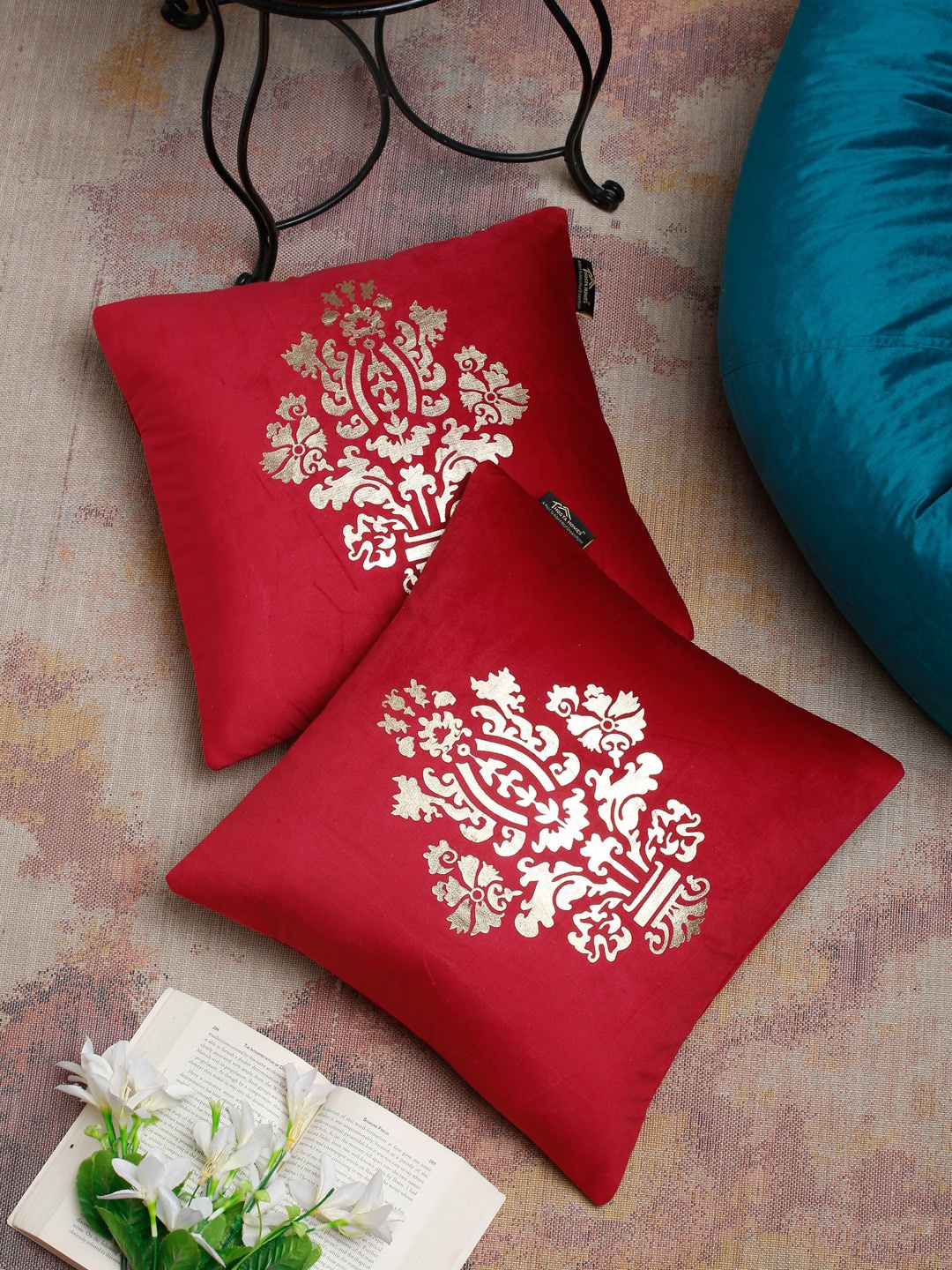 

HOSTA HOMES Maroon & Gold Set of 2 Floral Velvet Square Cushion Covers