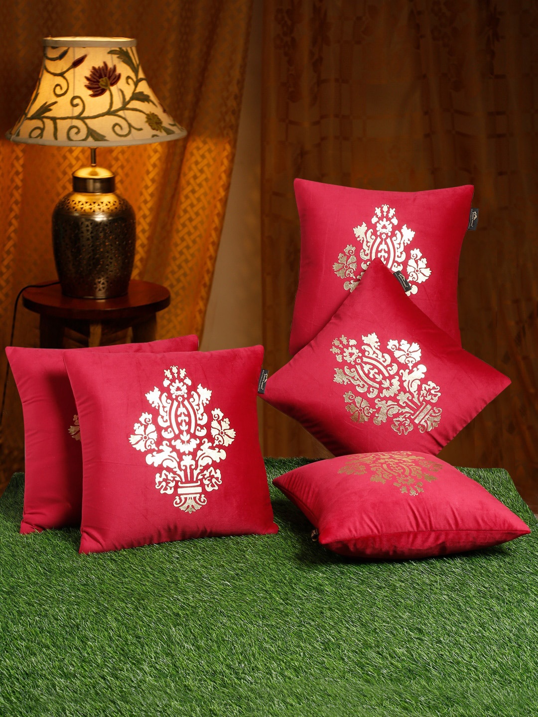 

HOSTA HOMES Maroon & Gold Set of 5 Ethnic Motifs Velvet Square Cushion Covers