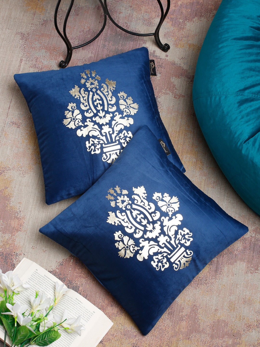 

HOSTA HOMES Blue & Gold Set of 2 Floral Velvet Square Cushion Covers