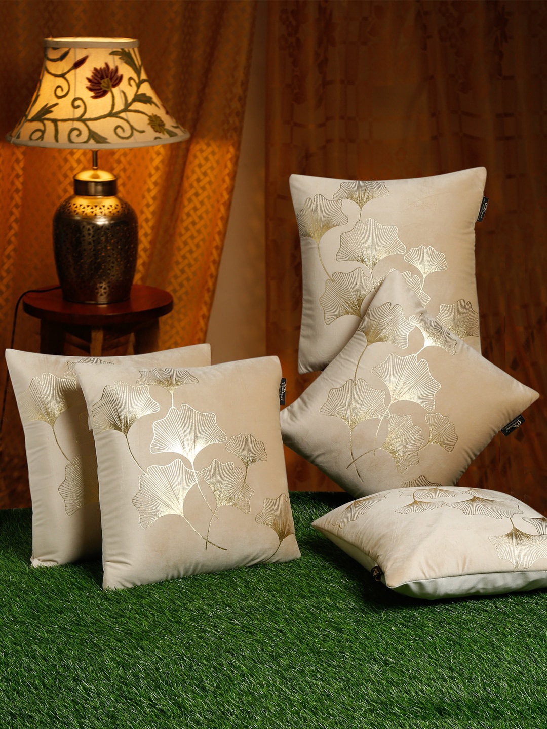 

HOSTA HOMES Cream & Gold Set of 5 Ethnic Motifs Velvet Square Cushion Covers